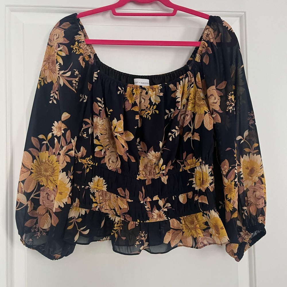 Lost + Wander Yellow and Blue Ruffled Smocked Blouse